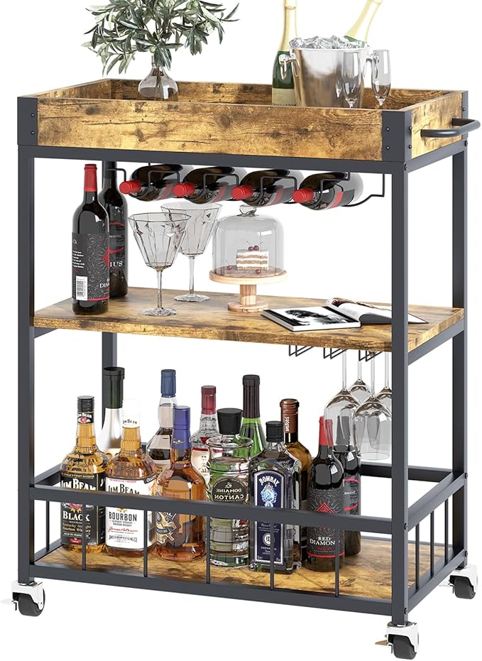Bar Cart Serving Wine 3 Tier Home Rolling Rack with Wheels Mobile Kitchen Industrial Vintage Style Wood Metal Serving Trolley Serving Cart,Glass Holder Bar Cabinet-Ruum Studio Home
