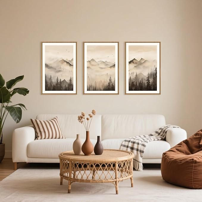 Celestdeco Nature Misty Forest Framed Canvas Wall Art Set, Foggy Landscape Wall Decor, Watercolor Pine Tree Wall Painting, Large Mountains Art Print for Living Room, Bedroom, Office - 24"X36"X3-Ruum Studio Home