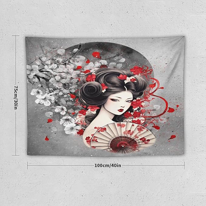 Japanese Geisha Tapestry Asian Red Cherry Blossom Red Sun Traditional Kimono Folk Tapestries Home Decor for Living Room Bedroom Apartment Farmhouse Dorm 40"x30"-Ruum Studio Home