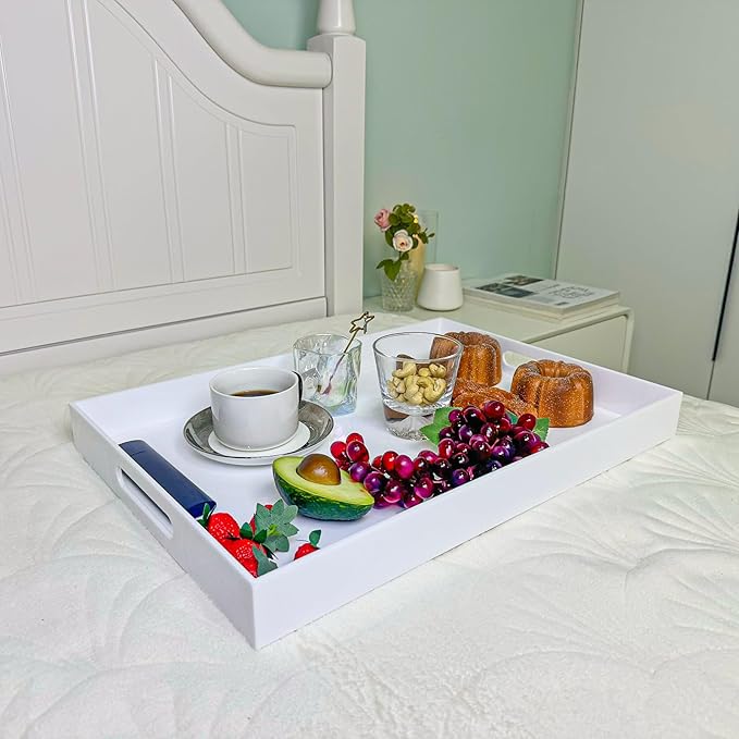 White Rectangular 14x20 Inches Acrylic Ottoman Tray Decorative Serving Tray with Cutout Handles Organizer Tray on Coffee Table Countertop Big Breakfast Bed Tray Living Room Appetizer Serving Food-Ruum Studio Home