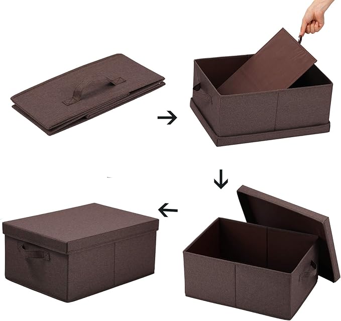 HOONEX Linen Foldable Storage Bins with Lids, 2 Pack, Storage Boxes with Carrying Handles and Sturdy Heavy Cardboard, 16.5" L x 11.8" W x 7.5" H for Shoes, Clothes, Brown-Ruum Studio Home