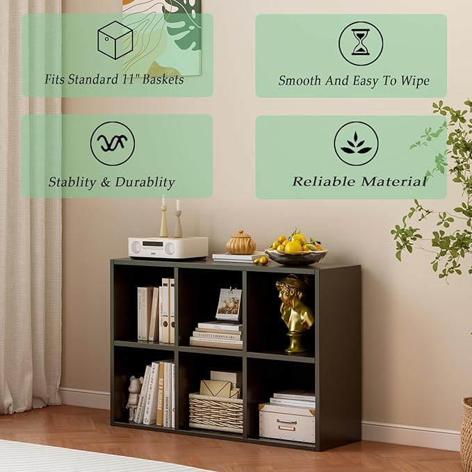 6-Cube Storage Shelf Bookcase - Wooden 3-Tier Floor Standing Open Bookshelf for Home and Office, Display Cabinet, Black-Ruum Studio Home