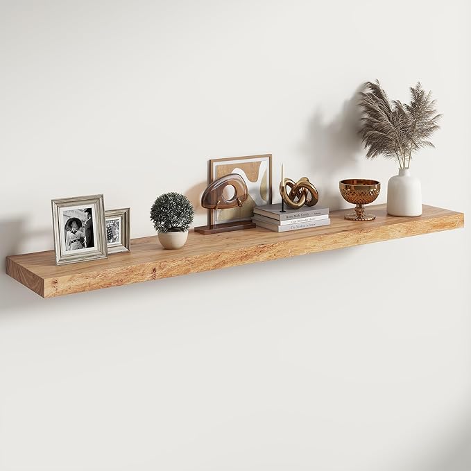 RICHFOCUS Elm Floating Shelves for Wall - 55" W x 9.3" D Rustic Solid Wood Shelves with Invisible Bracket, Wall-Mounted for Living Room, Bedroom, Kitchen Storage & Display, Set of 1, Natural-Ruum Studio Home