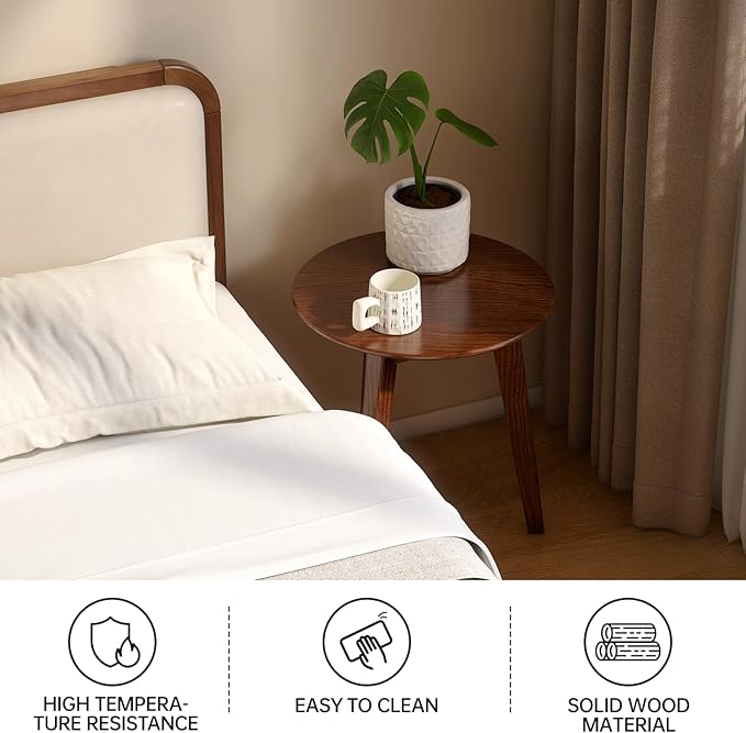 100% Solid Oak Round Side Table, Small Bedside Table for Small Spaces, Living Room End Table with Stable Frame, Modern Nightstand for Bedroom Couch, (Walnut, 17.71" D x 19.68" H)-Ruum Studio Home