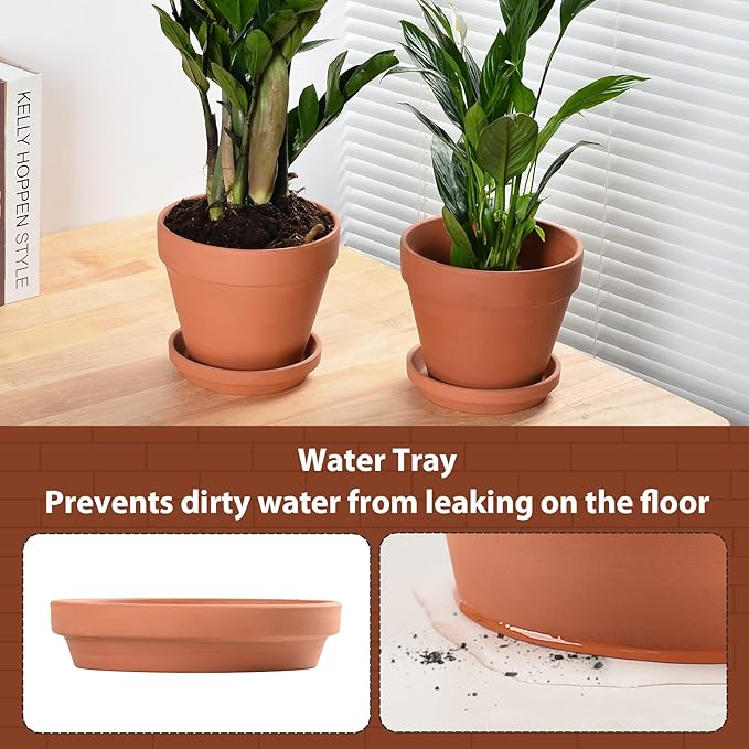 INGOFIN Terracotta Pots Set with Saucer - 2-Pack Ceramic Clay Planters with Drainage Hole, Garden Flower Succulent Pots with Tray for Indoor Outdoor Plants, 8 inch, Set of 2-Ruum Studio Home