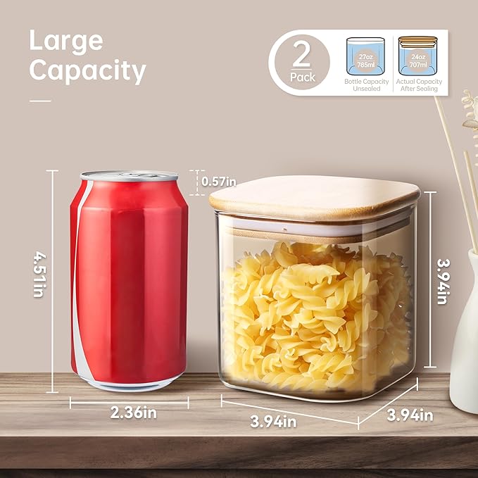 Square Glass Jars with Bamboo Lids 27 FL OZ [Set of 6], Glass Canisters with Airtight Lids, Glass Food Storage Containers for Coffee, Sugar, Tea, Candies, Cookies,Best for Kitchen & Pantry-Ruum Studio Home