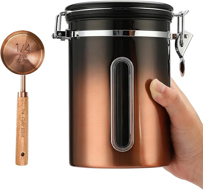 malmo Coffee Canister, Airtight Coffee Container with Date Tracker Lid, Stainless Steel Canister for Kitchen Food Storage (Black-Copper, 22oz with 1/4 Cup)-Ruum Studio Home