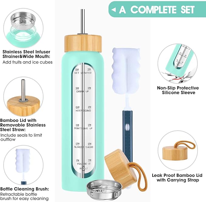 32 oz Glass Water Bottle with Straw - Motivational Time Marker & Silicone Sleeve - Reusable Tumbler Includes 2 Bamboo Lids & Fruit Infuser - 1 Pack-Ruum Studio Home