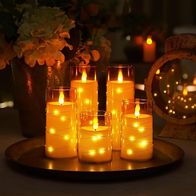 Homemory Acrylic Flameless Candles with Embedded Star String Fairy Lights, Battery Operated Candle, LED Candles, Fake Candles with Remote Control and Timer for Halloween, Amber, Set of 5(H4"5"6"8"8")