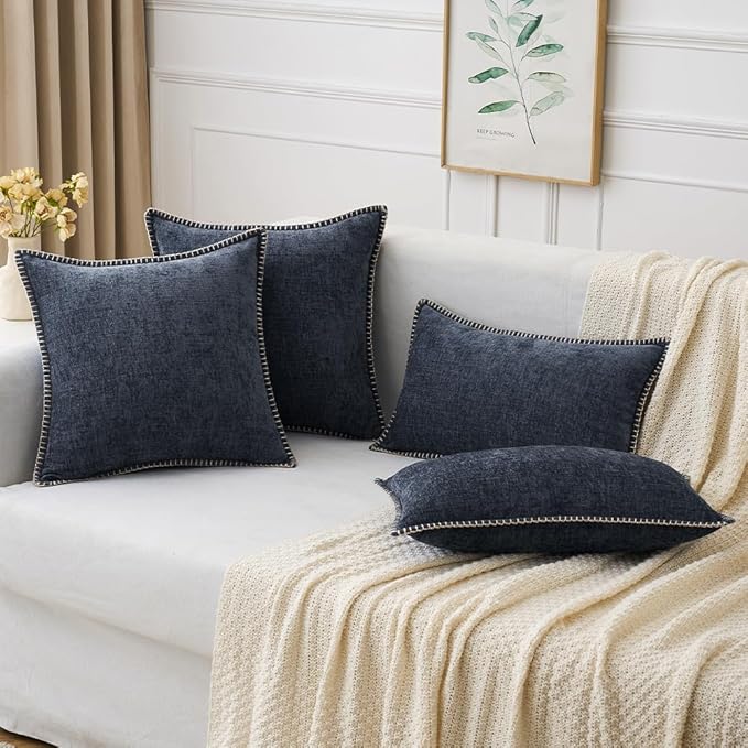 MIULEE Pack of 2 Couch Throw Pillow Covers 18x18 Inch Dark Blue Farmhouse Decorative Pillow Covers with Stitched Edge Soft Chenille Solid Dyed Spring Pillow Covers for Sofa Bed Living Room-Ruum Studio Home