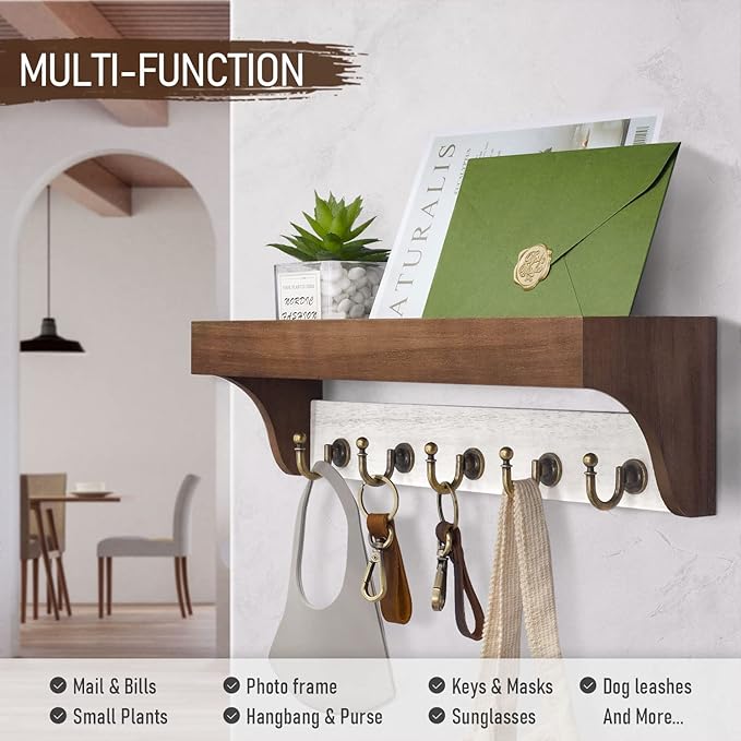 Rebee Vision Key Holder for Wall with Shelf - Farmhouse 2-Color Key Rack with 5 Retro Keys Hooks and Primitive Wood Mail Organizer Wall Mount - Decorative Rustic Home Decor (Brown & White)-Ruum Studio Home