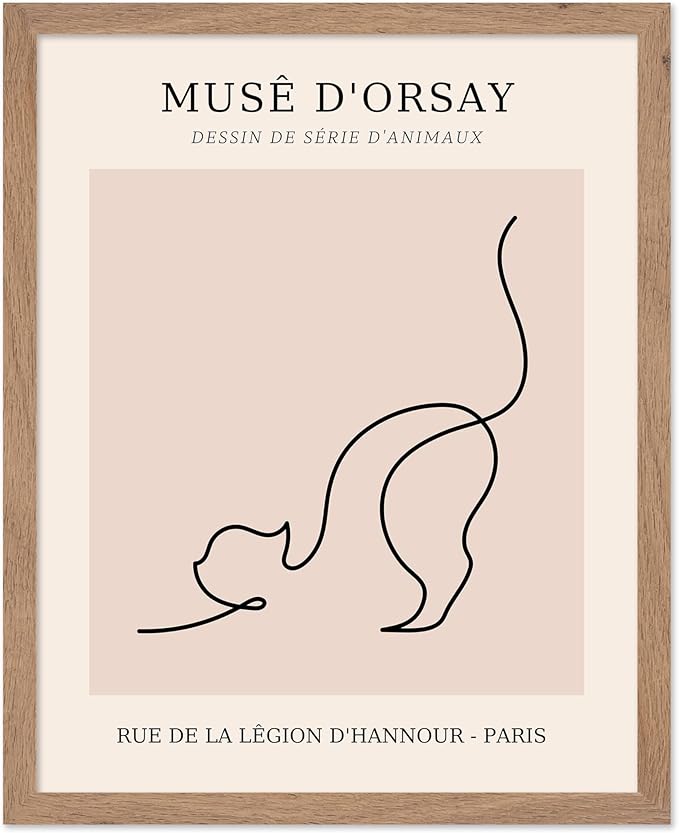 Poster Master Vintage Poster - Retro One Line Cat Drawing Print - Cat Art - Minimal Gift for Men, Women, Animal Lover - Abstract Wall Decor for Home, Office, Bedroom, 11x14 Beige Framed-Ruum Studio Home