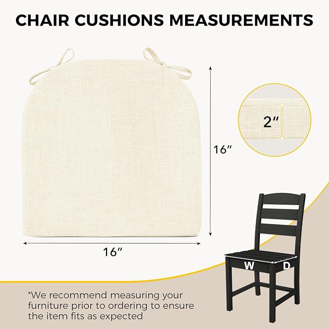 downluxe Indoor Chair Cushions for Dining Chairs, Soft and Comfortable Textured Foam Kitchen Chair Pads with Ties and Non-Slip Backing, 16" x 16" x 2", Beige, 4 Pack-Ruum Studio Home