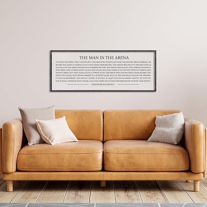 LuZhiQiang The Man in the Arena Wall Decor 32''x12'' Inspirational Quotes Office Wood Framed Sign Rustic Home Motivational Art For Man Entrepreneur Morden Living Room Wall Hanging Decor (Black)-Ruum Studio Home
