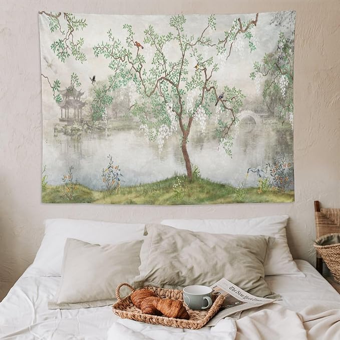 HZOHNAGO Japanese Tapestry Tree Misty Garden Lake Printed Wall Tapestry Ink Painting Wall Hanging for Bedroom Living Room Dorm 80" W x 60" H-Ruum Studio Home