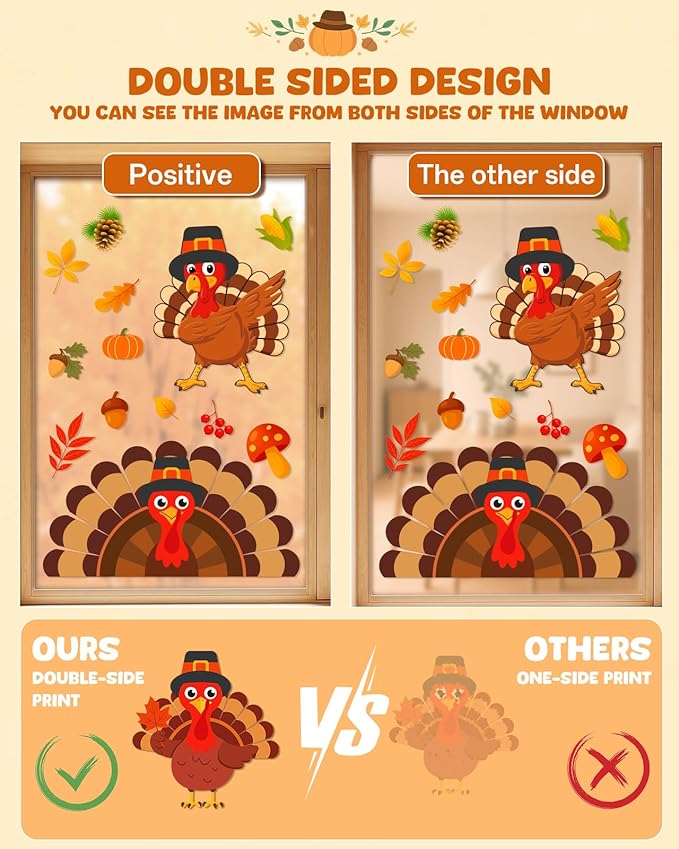 Thanksgiving Window Clings - 9 Sheets 114 Pcs Thanksgiving Decorations for Fall Autumn Harvest Home Party, Pumpkin Leaves Turkey Acorns Stickers for Glass, Double-Sided Static Window Decals-Ruum Studio Home