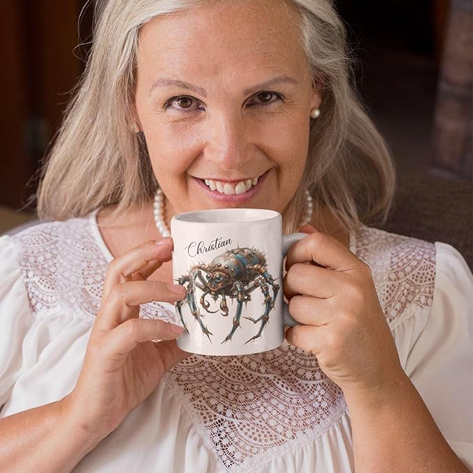 Personalized Steampunk Insect Mug, Customizable Name Mechanical Character Coffee Cup 11oz, Unique Cyberpunk Design Ceramic Mug, Customized White Cup Gift For Sci-Fi Enthusiasts-Ruum Studio Home