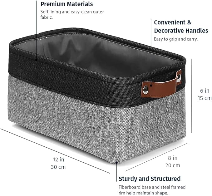 OrganiHaus Small Fabric Storage Baskets for Shelves 3 Pack, 12x8in Closet Storage Bins for Shelves, Cloth Baskets for Organizing, Linen Closet Organizers, Fabric Basket, Gray/Black-Ruum Studio Home