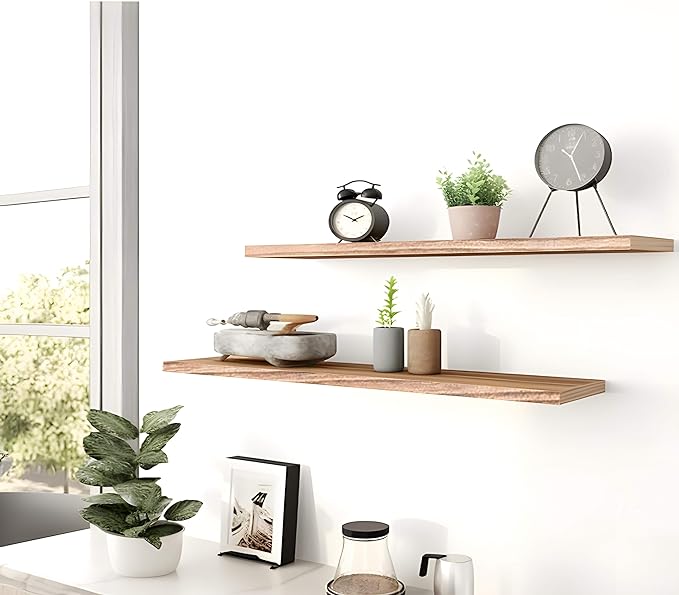 Wood Floating Shelves for Wall, Rustic Wall Shelves for Bedroom, Wall Mounted Floating Shelf, Set of 4 Light Walnut 36 Inch-Ruum Studio Home