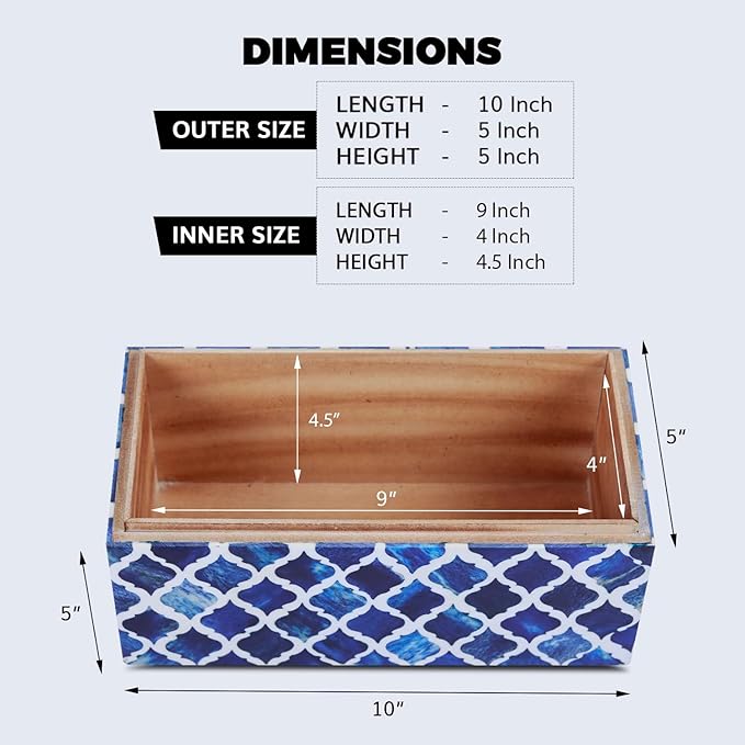 Handicrafts Home Handmade Moroccan Pattern Inspired Decorative Box - Large Storage Organizer for Neck Chains, Watches, Memory Keepsakes - Boho Style Treasure Box, Multipurpose Gift - Blue, 10x5x5-Ruum Studio Home