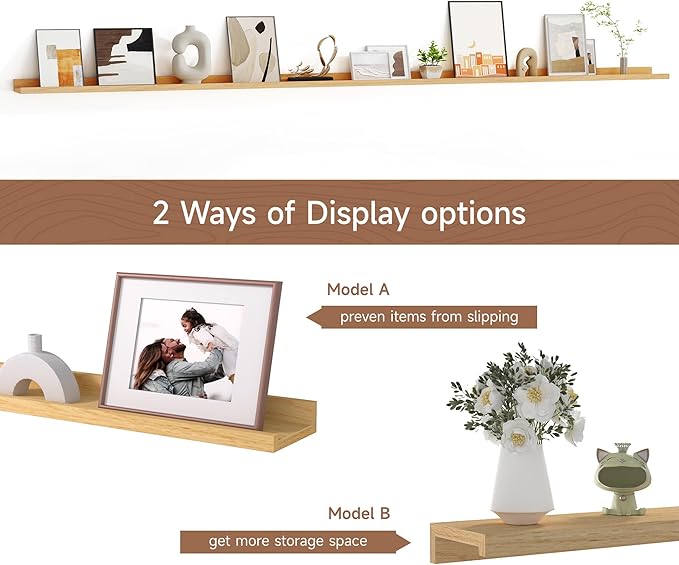 Floating Picture Ledge Shelves for Wall Set of 2, 95 Inches Picture Ledge Shelf with Long Large Nursery Book Shelf for Toys Storage Kids Bookshelf Wall Mounted Living Room Bedroom Decor Frames, Oak-Ruum Studio Home