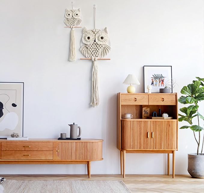 Owl Macrame Wall Hanging-Hand Woven Boho Tapestry-Macrame Wall Decor -Owl Decor for Bedroom, Living Room, Nursery (Beige-Large)-Ruum Studio Home