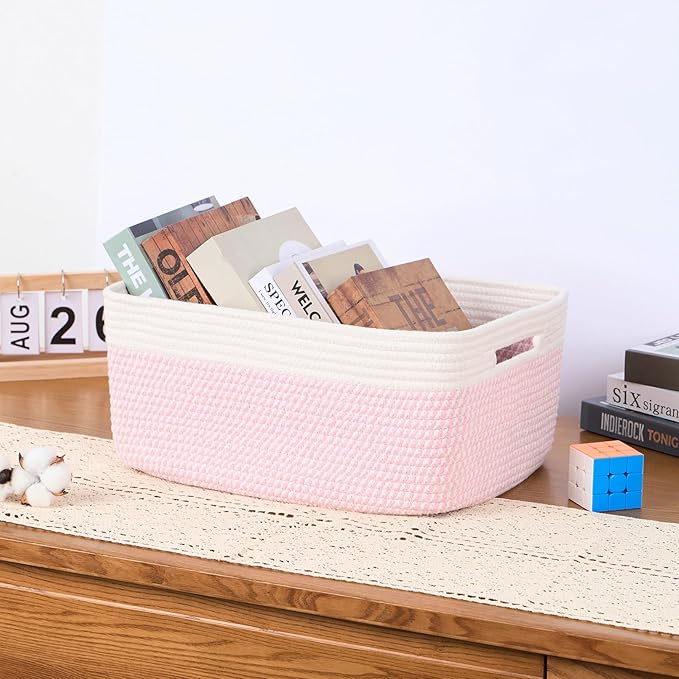 Large Storage Baskets for Organizing, Closet Shelf Baskets for Clothes Blanket Towels, Baby Nursery, Toy Bins Box, Woven Rope Baskets, 17 x 13 x 7.5”, 4 Packs Woven Pink-Ruum Studio Home