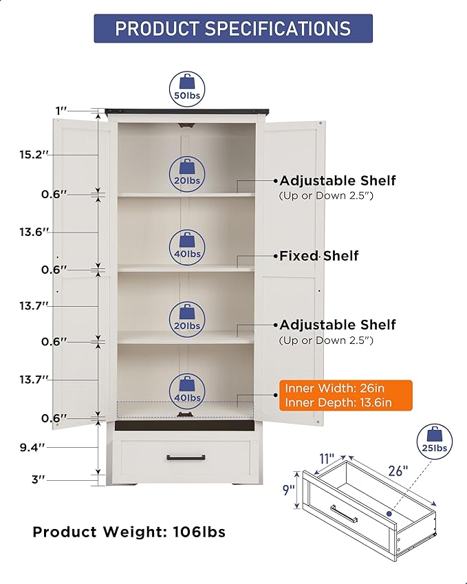 JXQTLINGMU Farmhouse Kitchen Pantry Cabinet - 72" Tall Wood Kitchen Storage Cabinets with Adjustable Shelves & 2 Barn Style Doors & Drawer, Versatile Storage for Dining Room, Bathroom, Antique White-Ruum Studio Home