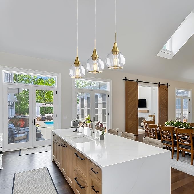 Pendant Light Fixtures Kitchen: 2 Pack Modern Gold Island Light with Clear Glass - 6 Inch Mid Century Globe Kitchen Lighting Chandeliers Ceiling for Foyer Bedroom-Ruum Studio Home