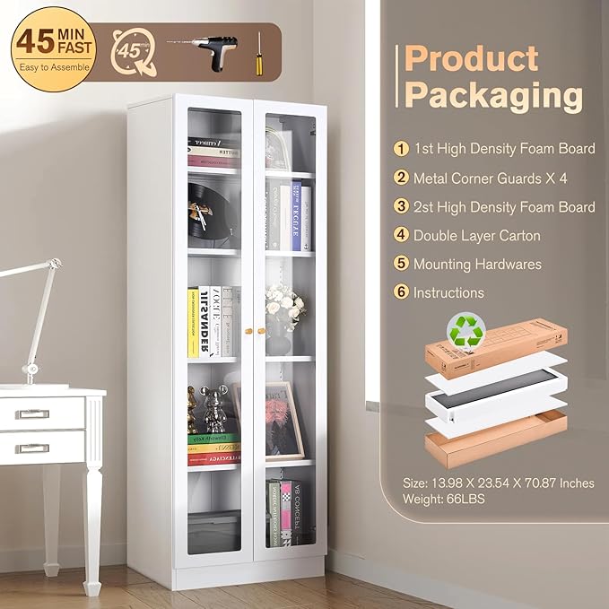 5 Tier Metal Curio Cabinets, Modern Bookshelf Cabinet with 4 Adjustable Shelves, Cabinet Display Case for Home Office, Living Room, Pantry (White-23.54W)-Ruum Studio Home