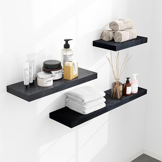Fun Memories Deep Floating Shelves - 16" W x 9" D x 1.6" H Rustic Black Wall Shelf - Wall Mounted Shelves for Storage - Wooden Shelves with Invisible Brackets for Living Room, Farmhouse - Set of 2-Ruum Studio Home