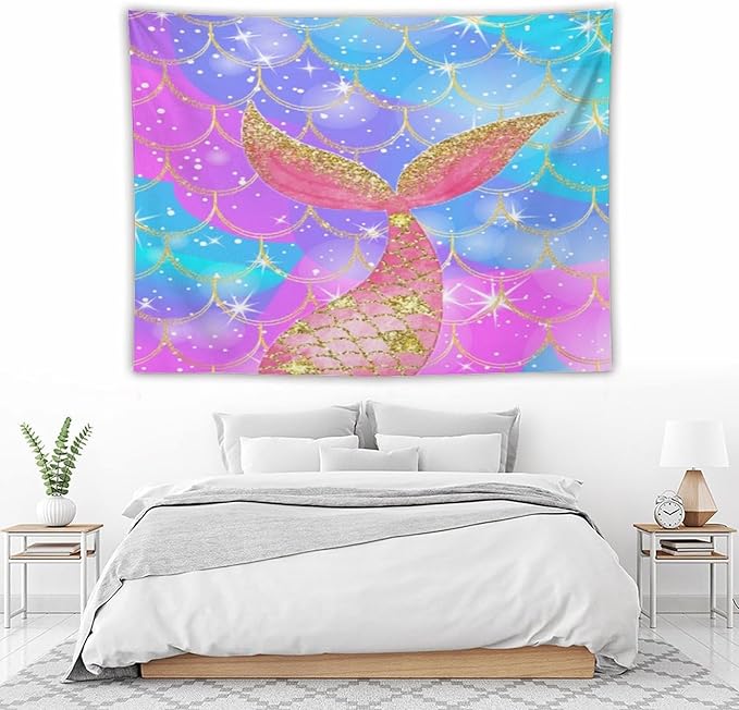 HZOHNAGO Mermaid Scales Tapestry Colorful Shiny Scales Mermaid Tail Pattern Printed Wall Tapestry Wall Hanging for Bedroom Living Room Dorm 80" W x 60" H-Ruum Studio Home