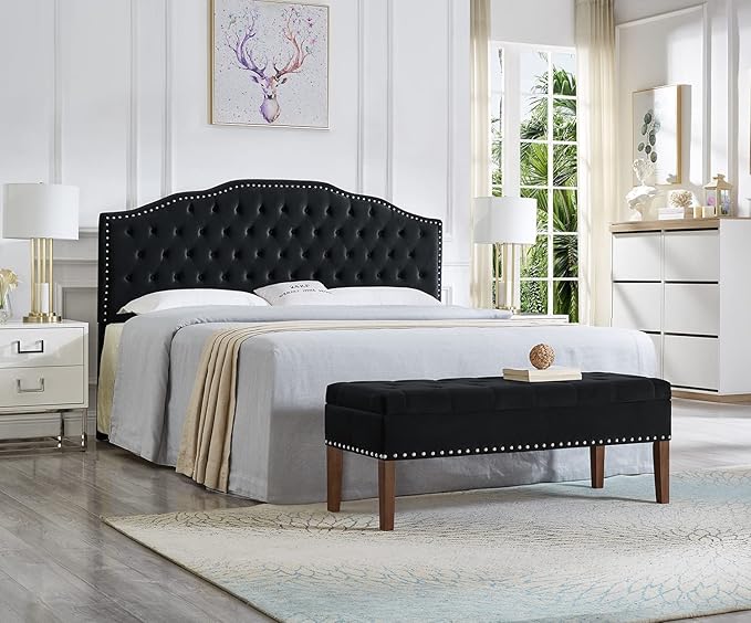 24KF Upholstered Button Tufted King Size Headboard with Nailhead Trim, Soft Velvet Fabric Headboard King/Cal King Size-Black-Ruum Studio Home