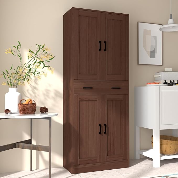 Brown Kitchen Pantry, 71" Tall Storage Cabinet with Doors and Drawer for Kitchen, Hallway, Office-Ruum Studio Home