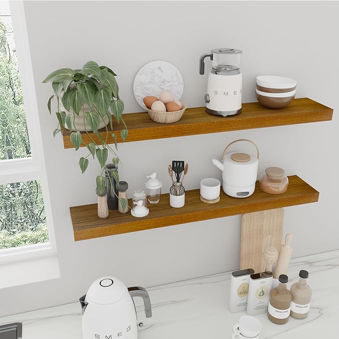 IAE Walnut Floating Wall Shelves 36 inch, Bathroom Shelves Wall Mounted,Invisible Shelves Floating Kitchen Shelves,Wooden Wall Shelves with Brackets for Living Room Wall Mounted,Easy Install,Set of 2-Ruum Studio Home