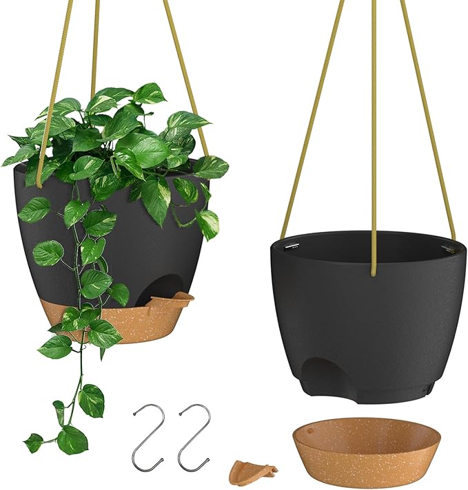 ZMTECH 10 Inch Hanging Planters for Indoor Outdoor Plants, 2 Pack Self Watering Hanging Plant Pots with Drainage Holes and Removable Saucer, Plastic Flower Hanging Pots with Watering Lip (Black)-Ruum Studio Home