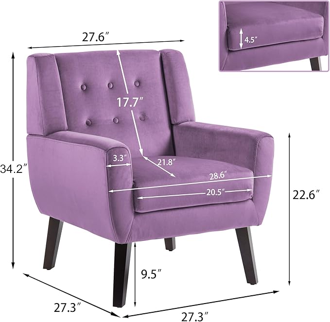 UIXE Accent Chair Modern Upholstered Armchair, Mid Century Club Arm Chairs Comfy Single Sofa Living Room Button Tufted Reading Seat Bedroom Side Seating, Velvet-Purple-Ruum Studio Home
