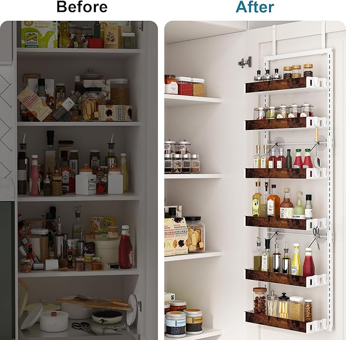 bukfen Over the Door Pantry Organizer, 6-Tier Adjustable Wooden Basket Kitchen Pantry Door Organization and Storage, Heavy-Duty Metal Hanging Kitchen Spice Rack,D6.3 x W17.71 x H50.60 inch,White-Ruum Studio Home