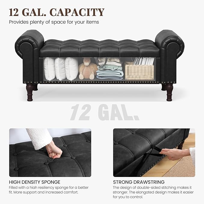 Storage Ottoman Bench for Bedroom, 51" Upholstered Bedroom Bench with Rolled Arms and Vintage Rivets, Large Storage Chest for Living Room, Bedroom, Entryway, Black-Ruum Studio Home