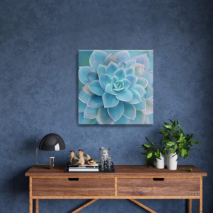Wall Decor for Bedroom Canvas Artwork Blue-Green Succulents Prints Pictures Wall Art for Living Room Hanging Plants for Bedroom Decor Modern Popular Wall Decorations Blue-Green Flower Size 20x20-Ruum Studio Home