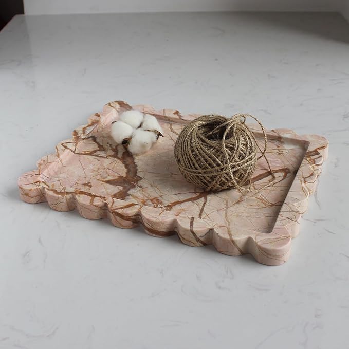 Natural Luxury Scalloped Marble Tray 10.8"x8", Rectangle Vanity Tray for Bathroom Kitchen Counter, Decorative Tray for Dresser Home Decor (Pink Marble)-Ruum Studio Home
