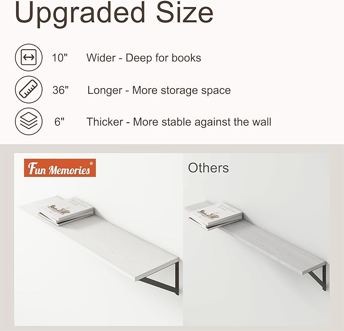 36"W x 10"D Floating Shelves, 10 Inch Deep White Floating Shelves, Farmhouse Rustic Deep Wall Shelves for Home Decor, Wide Large Floating Shelf for Bathroom, Living Room, Kitchen, Study Room-Ruum Studio Home