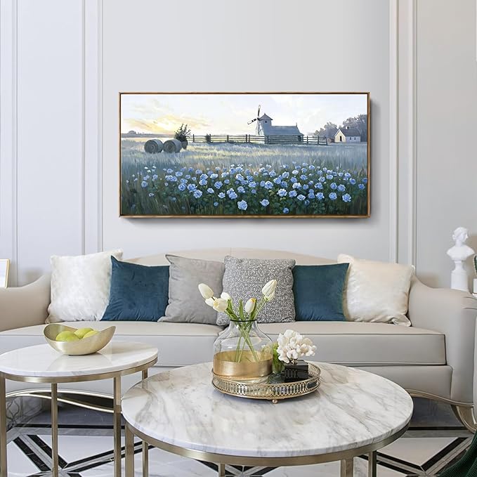 amatop Large Framed Country Landscape Wall Art – Blue Floral Canvas Art Print Vintage Rustic Farmhouse Picture Sunset Nature Artwork Wall Decor for Bedroom Dining Room Office Entryway 48x24 Inch-Ruum Studio Home
