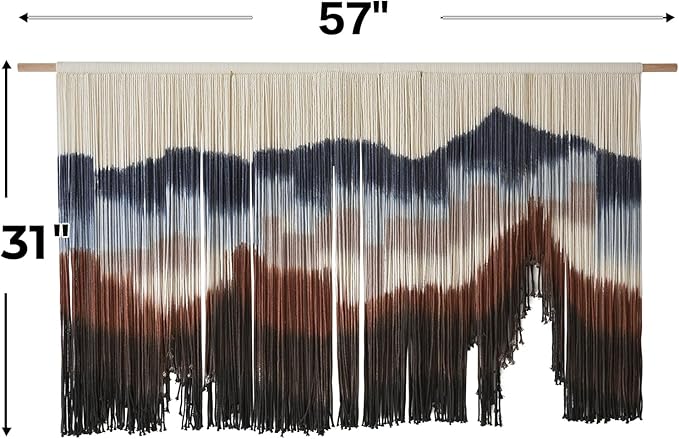Flber Large Macrame Wall Hanging 57" W x 31" L Handmade Dip Dye Tapestry Bohemian Fiber Art Wall Hanging Mountain Inspired Wall Tapestry Neutral Rustic Wall Decor for Bedroom Living Room-Ruum Studio Home