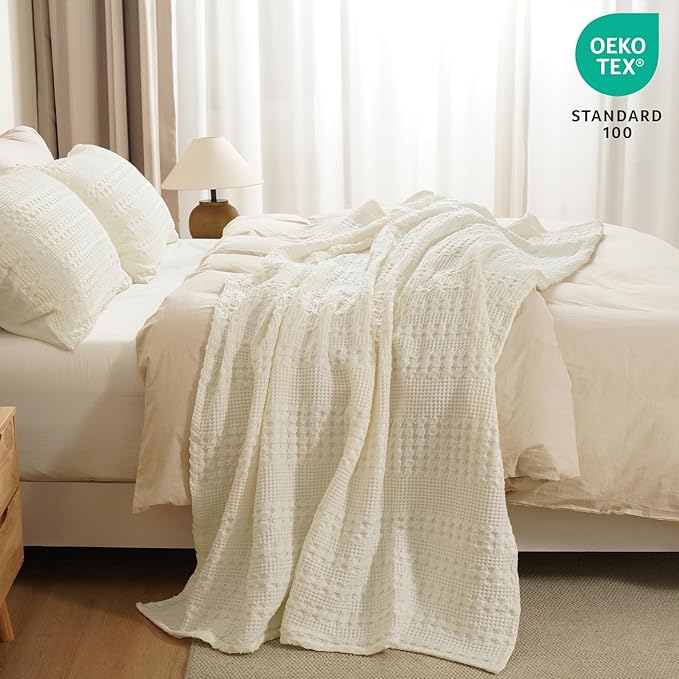 PHF 100% Cotton Waffle Weave Throw Blanket, Soft Lightweight Breathable Cozy Summer Throws for Couch Bed Sofa, Luxury Aesthetic Woven Blanket for Home Decor & Office, 50"x60", Cannoli Cream-Ruum Studio Home