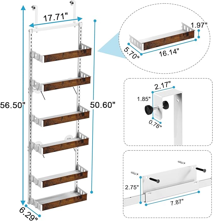 bukfen Over the Door Pantry Organizer, 6-Tier Adjustable Wooden Basket Kitchen Pantry Door Organization and Storage, Heavy-Duty Metal Hanging Kitchen Spice Rack,D6.3 x W17.71 x H50.60 inch,White-Ruum Studio Home