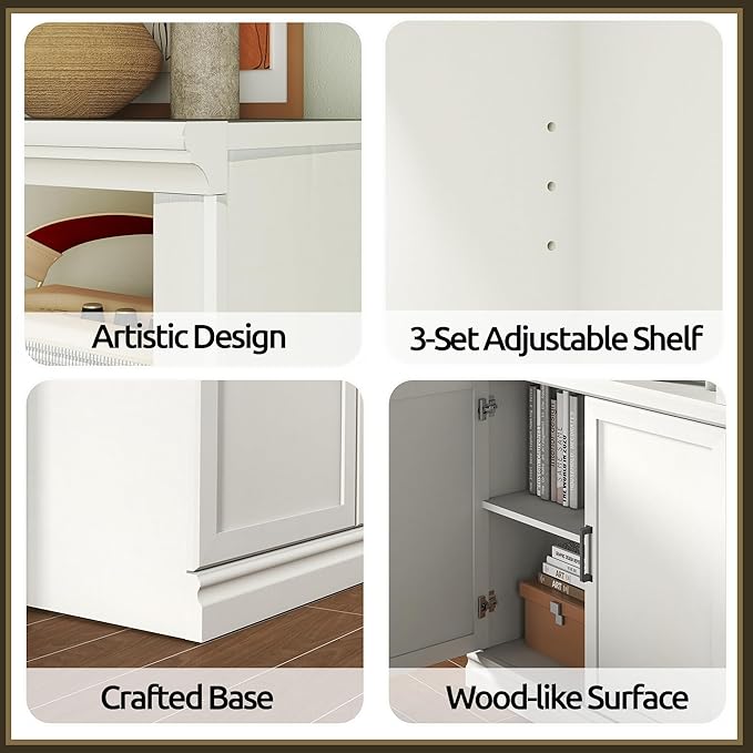 70 Inch Tall Bookcase with Doors, Library Office Bookshelf with Adjustable Shelves, Floor Standing Storage Cabinet for Bedroom Living Room Organizer with Anti Tipping Kit, Soft White Finish-Ruum Studio Home