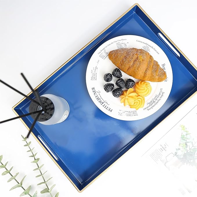 Spsyrine Blue Decorative Serving Tray with Handles, Elegant Plastic Coffee Table Tray for Ottoman, Living Room, Home Decor 15.6" X 10.2"-Ruum Studio Home