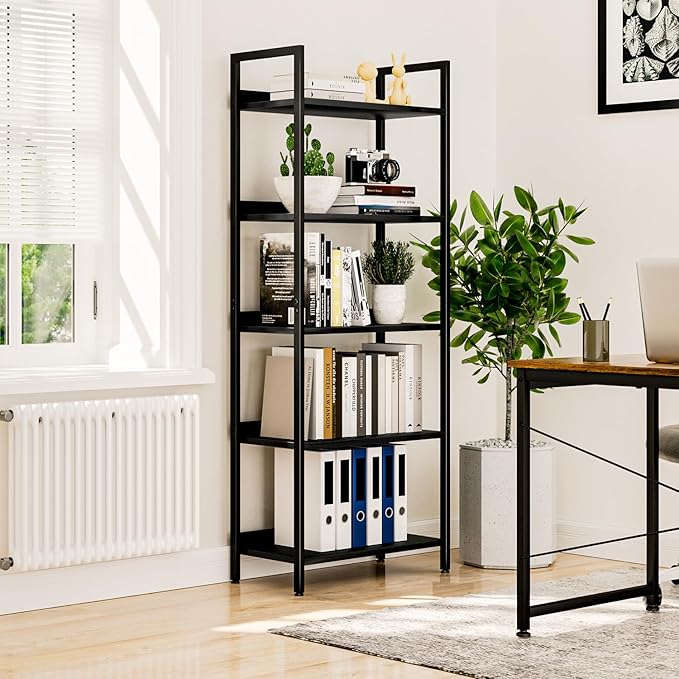 NUMENN Bookshelf, 5 Tier Bookshelves, Home Office Bookcase Shelf Storage Organizer, Free Standing Storage Shelving Unit for Bedroom, Living Room and Home Office, Black-Ruum Studio Home