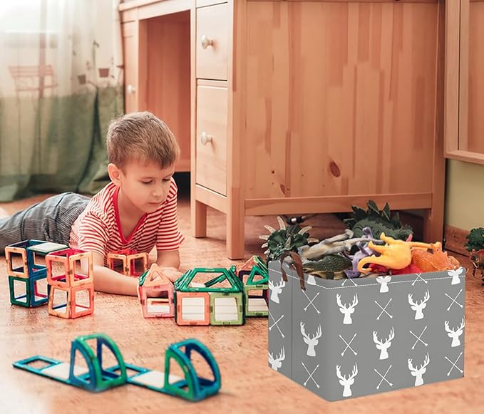 HIYAGON Baby Basket Cute Toy Bin for Boys and Girls Kids Storage Bin Organizer Box Gift Basket Empty Rectangular Deer Room Decor for Home(Grey deers)-Ruum Studio Home